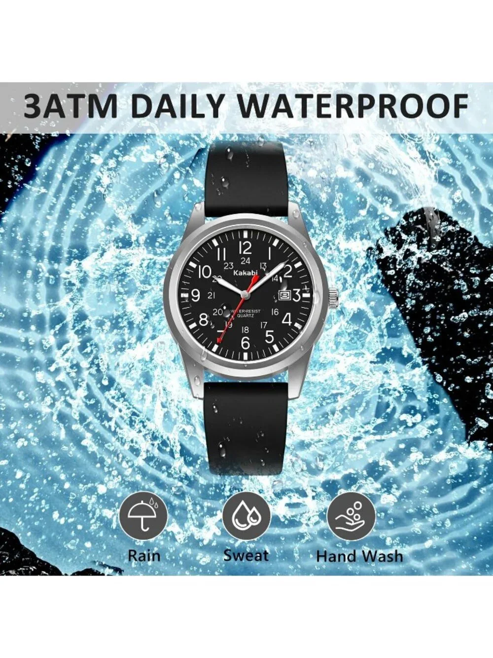 Mens Black Silver Comfortable Silicone Strap Unisex Military Analog Casual Watch